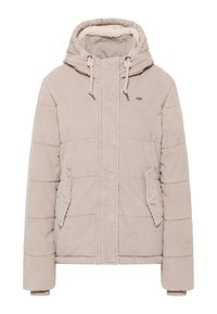 Pikowana kurtka w beżowym prążkowanym materiale, z kapturem wyłożonym polarem, dwoma bocznymi kieszeniami oraz zapięciem na zamek z drawstringami.