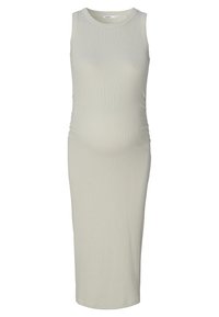 Těhotenské bezruko někdy šaty z jemné světle zelené žebrované látky, s délkou po kolena a bočním nařasením pro obepnutý siluetu.