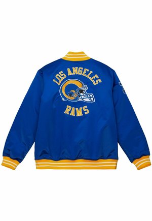 Niebieska satynowa kurtka bombowiec z żółtymi akcentami. Haftowane napisy "LOS ANGELES RAMS" oraz grafika hełmu na plecach. Prążkowane mankiety i pas.