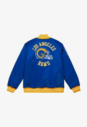 Niebieska satynowa kurtka bombowiec z żółtymi akcentami. Haftowane napisy "LOS ANGELES RAMS" oraz grafika hełmu na plecach. Prążkowane mankiety i pas.