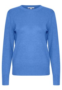 Pull en tricot bleu avec des manches longues, un col rond et des poignets et un ourlet côtelés. Texture lisse, design léger. Sans motifs ni accents.