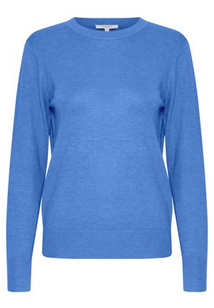 Suéter de punto azul con mangas largas, cuello redondo y puños y dobladillo acanalados. Textura suave, diseño ligero. Sin patrones ni acentos.