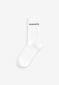 Calze bianche a costine con il nome del marchio "ALLSAINTS" in nero nella parte superiore. Realizzate in materiale morbido ed elastico.