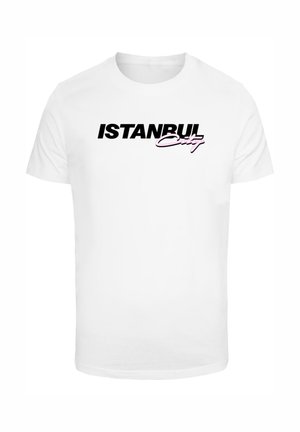 Weißes Baumwoll-T-Shirt mit dem Text „ISTANBUL City“ in fettem schwarzen und pinken Schriftzug über der Brust, mit klassischem Rundhalsausschnitt.