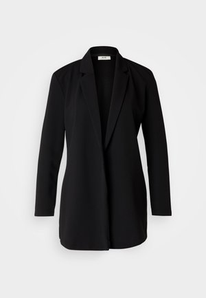 Schwarzer maßgeschneiderter Blazer aus glattem Stoff, mit Reverskragen, langen Ärmeln und offener Vorderseite ohne Knöpfe oder Beschläge.