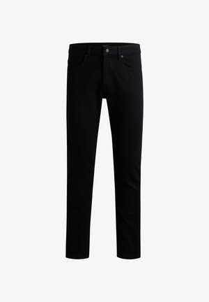 Jeans de mezclilla negra con corte recto, diseño de cinco bolsillos, cierre frontal con botón y detalles de costura sutiles en la cintura.
