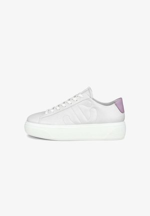 White sneaker with a smooth suede upper, textured midsole, and a light purple accent on the heel. Features six eyelets and flat laces.