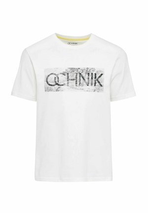 Biała bawełniana koszulka z krótkim rękawem, ozdobiona szarym nadrukiem graficznym z napisem "OCHNIK" na środku. Posiada okrągły dekolt.