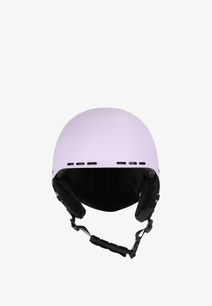 Hellvioletter Skihelm mit glatter Oberfläche, gepolstertem Innenraum, verstellbarem Riemen und Belüftungslöchern an der Vorderseite.