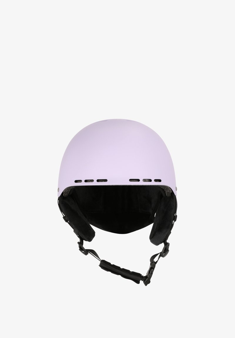 Hellvioletter Skihelm mit glatter Oberfläche, gepolstertem Innenraum, verstellbarem Riemen und Belüftungslöchern an der Vorderseite.