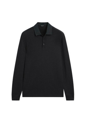 Zwarte langoor polo shirt van gestructureerde katoen, met een opgestikte kraag, een drie-knopen sluiting en subtiele schouderaccentdetails.
