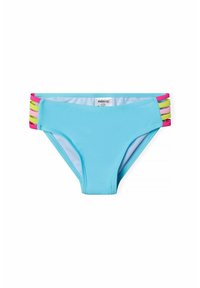Slip di bikini blu in tessuto morbido e elastico. Presenta bande colorate in rosa, giallo e verde in vita. Texture liscia su tutta la superficie.