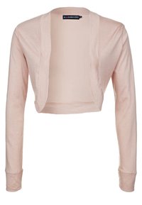Ljusrosa kortärmad cardigan med långa ärmar, gjord av mjukt tyg. Har en öppen front utan knäppningar och en enkel design.