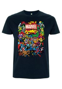 Černé bavlněné tričko s barevným grafikou různých postav z komiksů Marvel a textem "MARVEL COMICS" v tučné červené a žluté.