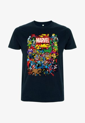 Schwarzes Baumwoll-T-Shirt mit einem bunten Grafikdesign verschiedener Marvel-Comic-Charaktere und dem Text "MARVEL COMICS" in fettem Rot und Gelb.