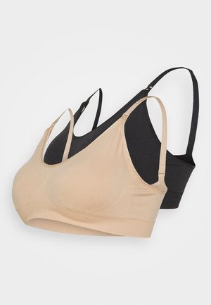 To bh'er i beige og sort, lavet af blød stof. De har justerbare stropper, et sømløst design og en strækbar, tætsiddende silhuet.