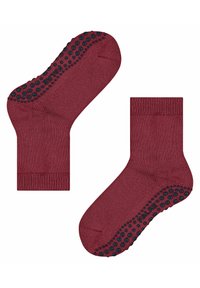 Bordowe skarpetki do kostek z teksturowaną, antypoślizgową ciemnoniebieską gumową podeszwą w kropki, ściągaczem prążkowanym oraz gładkim materiałem na całej długości.