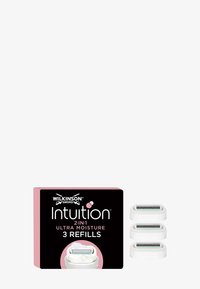 Wilkinson Sword Intuition 2-in-1 Ultra Moisture razor refills pack with three white replacement razor heads shown next to the box.