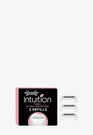 Wilkinson Sword Intuition 2-in-1 Ultra Moisture razor refills pack with three white replacement razor heads shown next to the box.