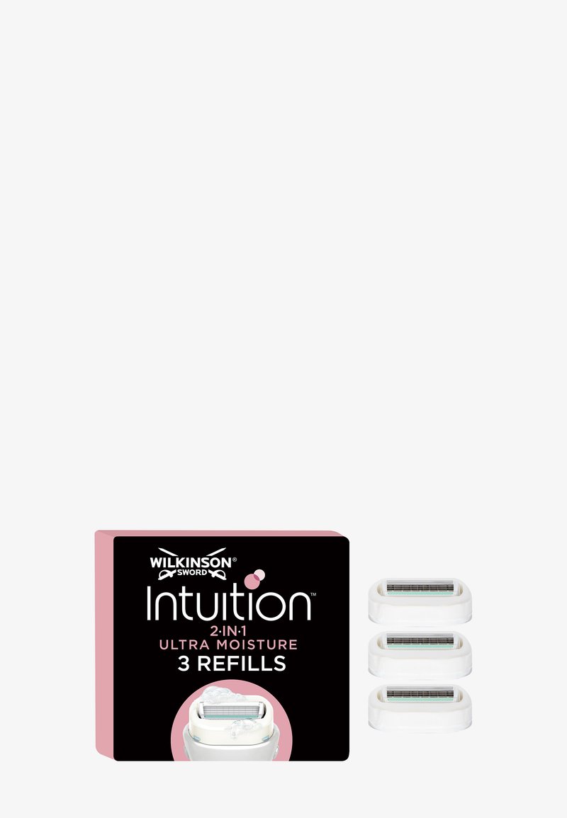 Wilkinson Sword Intuition 2-in-1 Ultra Moisture razor refills pack with three white replacement razor heads shown next to the box.