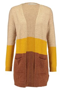 Gebreid vest met lange mouwen, open voorkant en kleurvlakken in beige, mosterdgeel en bruin, voorzien van voorzakken.