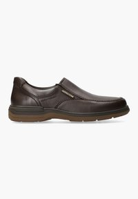 Brown leather slip-on shoe with a smooth finish, decorative stitching, and rubber sole. Features gold branding detail on the side.