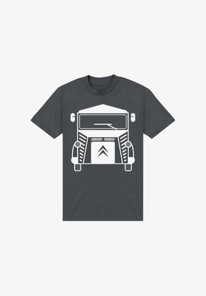 Dunkelgraues T-Shirt mit einem weißen Grafikdesign einer Frontansicht eines Trucks, das Scheinwerfer, Kühlergrill und Motorhaubendetails hervorhebt.