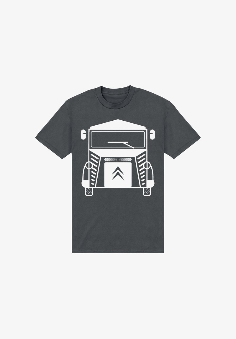 Tmavě šedé tričko s bílou grafikou zobrazením přední části náklaďáku, se zdůrazněnými světlomety, mřížkou a detaily kapoty.