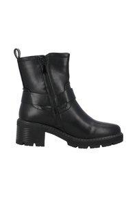 Botas de cuero negro hasta el tobillo con cremallera lateral, tacón cuadrado y un detalle de correa alrededor del tobillo. Suela de goma texturizada para mayor tracción.