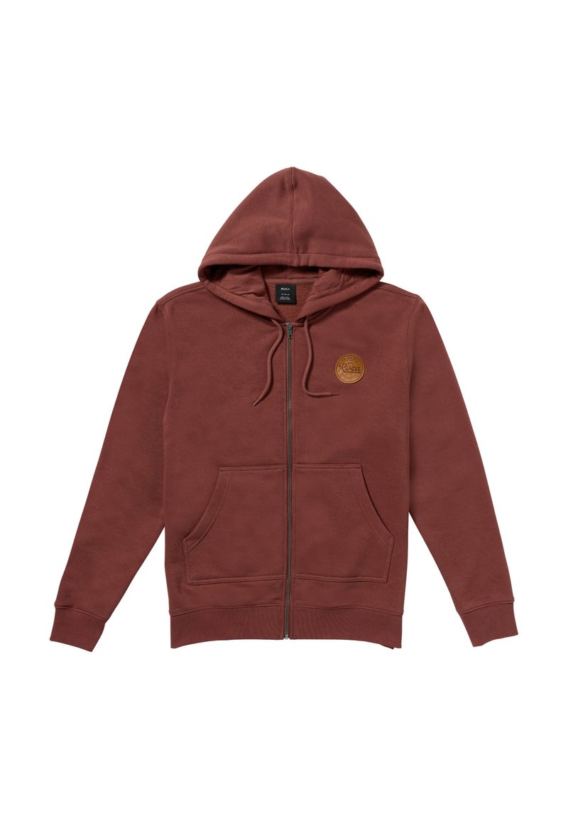 Maroon zip-up hoodie made of soft fabric, featuring a drawstring hood, two front pockets, and a round logo patch on the chest.