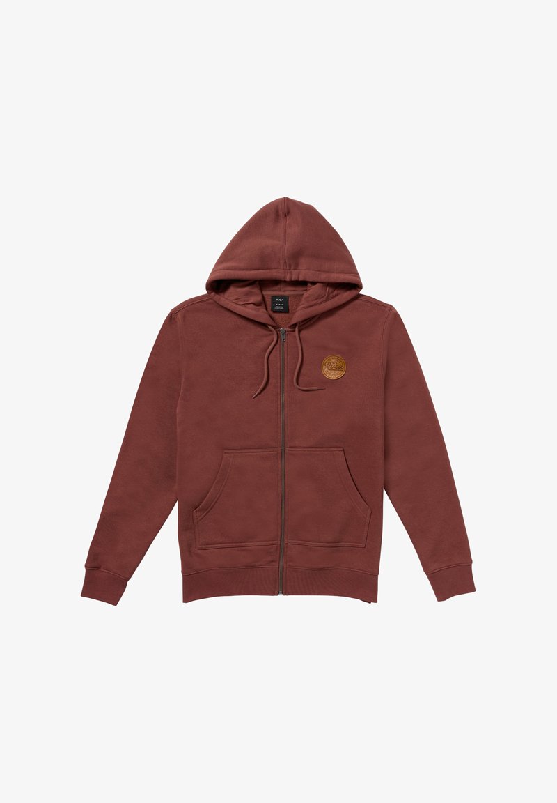 Burgundy vetokahva huppari, joka on valmistettu pehmeästä kankaasta, sisältää nyörillä säädettävän hupun, kaksi etutaskua ja pyöreän logo-patchin rinnassa.