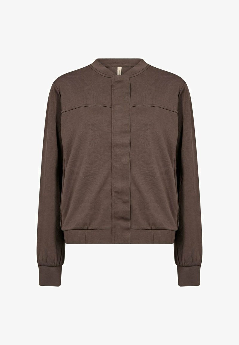 Bruine lichte jas met een ronde hals, voorzakken met klep, ribgebreide boorden en een elastische tailleband. Gemaakt van zachte stof.