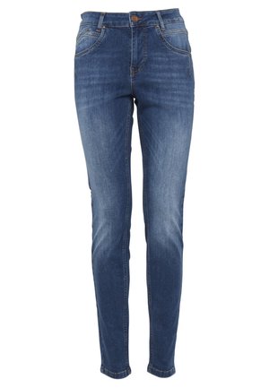 Mörkblå denimjeans med slim fit. Utrustad med fem fickor, knäppning och diskreta urtvättade detaljer på benen.