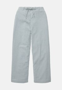 Pantalon léger et ample avec rayures verticales bleues et blanches, taille élastique et fermeture à cordon à l'avant.