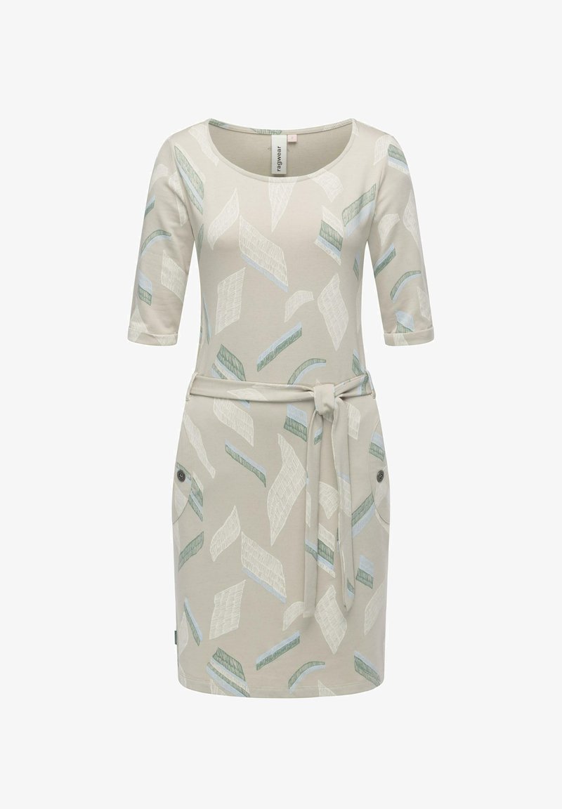 Bequemes beiges Kleid mit Dreiviertelärmeln, abstrakten mehrfarbigen Mustern, abnehmbarem Bindegürtel und seitlichen Taschen mit Knopfdetails.