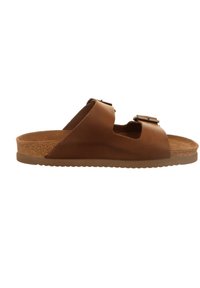 Brown leather slide sandal with two adjustable straps, cork footbed, flat rubber sole, and cutout design for breathability.