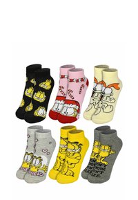 Set di sei paia di calzini alla caviglia con motivi cartoon. I materiali sono cotone; i colori includono nero, rosa, grigio, giallo e crema.