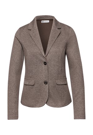 Blazer marron à motif chevrons, avec deux boutons à l'avant, revers crantés et deux poches à rabat, conçu pour une silhouette ajustée.