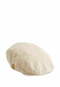 Beige Leinenflachmütze mit runder Form, Stickdetails und einem kleinen, markierten Patch mit einem Bärenemblem. Weicher Griff, lässiges Design.