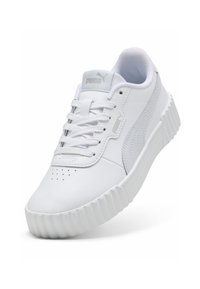 Valge nahast jooksucompetition, millel on tekstuuriga ülemine osa, paks kummine alus ja tonaliseed nöörid. Tooteid on Puma logo keeles ja külgedel.