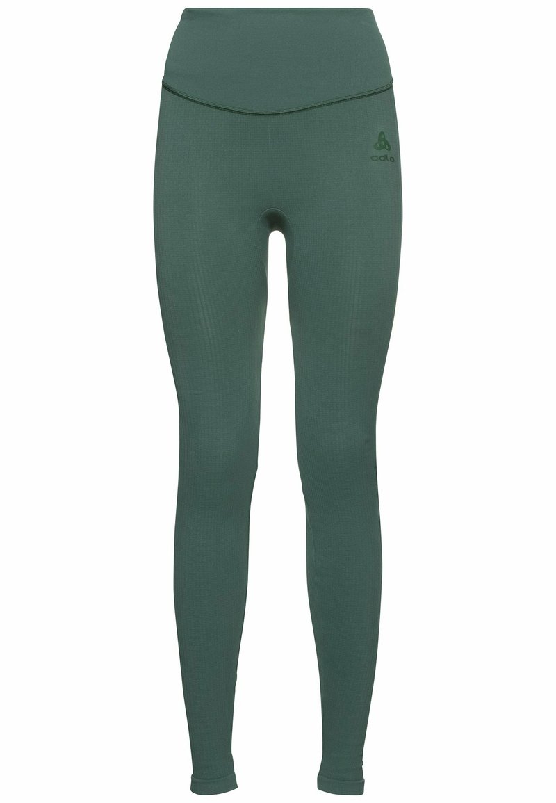 Grüne, enganliegende Leggings mit hoher Taille, hergestellt aus einem glatten, dehnbaren Material. Verfügt über eine subtile Textur und ein Logo an der linken Hüfte.