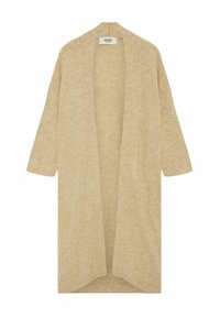 Beige Cardigan mit offenem Vorderteil und 3/4-Ärmeln, aus weichem Strickstoff gefertigt, im lässigen Schnitt und mit gerippten Saumdetails. Ohne Verschlüsse.