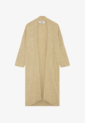 Beige open-front cardigan with 3/4 sleeves, made from soft knit fabric, featuring a relaxed fit and ribbed hem details. No fastenings.