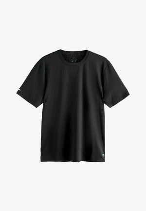 Schwarzes kurzärmliges T-Shirt aus leichtem Stoff mit Rundhalsausschnitt, das ein kleines Logo am Saum trägt. Glatte Textur.