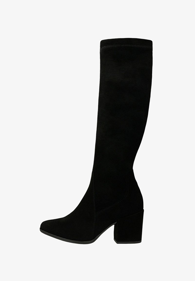 Czarne zamszowe botki do kolan z kwadratowym noskiem i grubym obcasem. Gładka faktura z tonującymi detalami w szwie.
