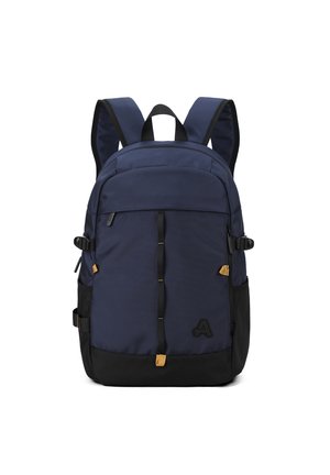 Zaino blu navy con base nera, dotato di due spallacci regolabili, tasche frontali e dettagli in metallo dorato. Tessuto resistente con finitura texturizzata.