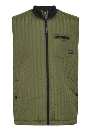 Olivovozelená bezrukávová vesta s prešívaným vzorom, so zipsom vpredu, bočnými vreckami a malým vreckom na hrudi so zipsom. Čierny lem na výstrihu.