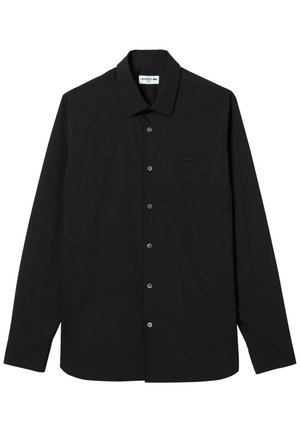 Black long-sleeve shirt made of smooth fabric, featuring a classic collar, button-down front, and a subtle logo on the chest.