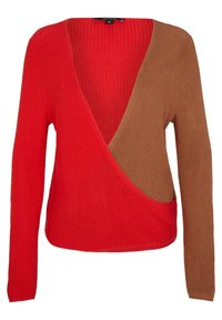 Pull en tricot rouge et marron avec un décolleté en V profond, des manches longues et un design à fente diagonale. Tissu texturé avec une coupe ample.