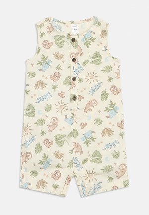 Ärmelloser Baby-Strampler mit Knopfleiste vorne, mit pastellfarbenen Tier-, Pflanzen-, Sonnen- und Mondmotiven auf cremefarbenem Hintergrund. Größe 24 Monate.